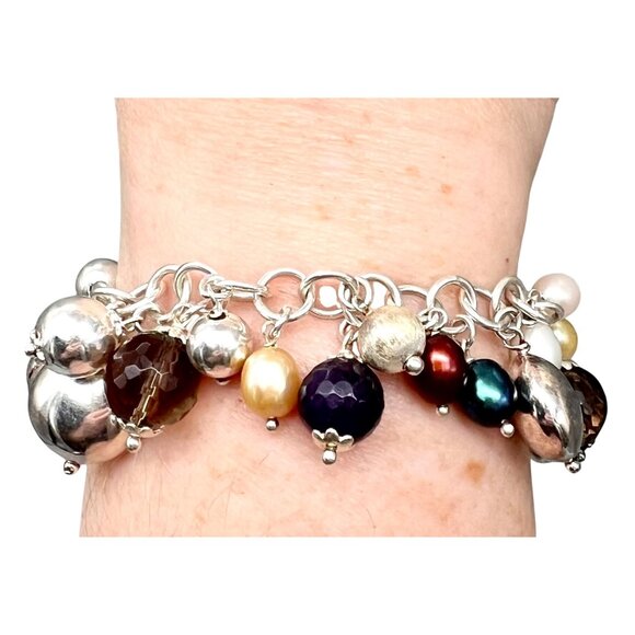 Milor Italy Sterling Silver Bracelet Smoky Quartz Amethyst Pearls 925 8"L - Picture 3 of 10